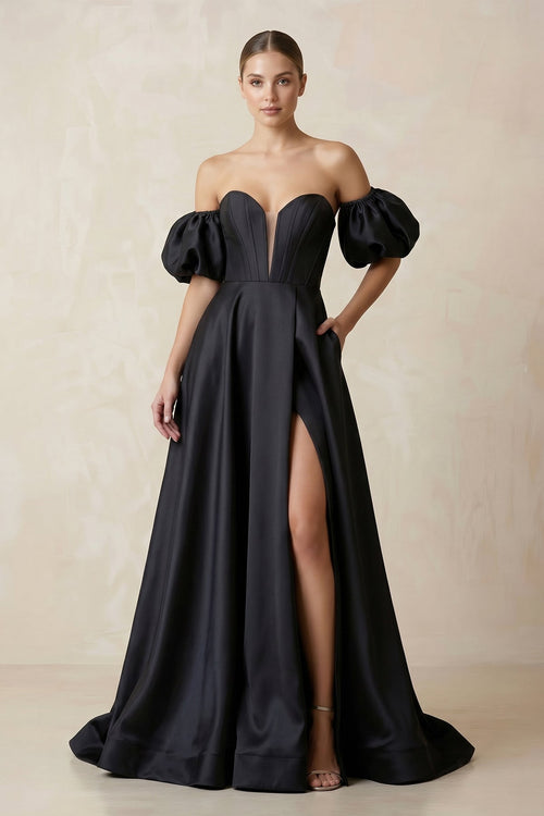 Off - the - Shoulder Satin A - Line Plunge Wedding Dress in Black - KissProm Wedding Dresses