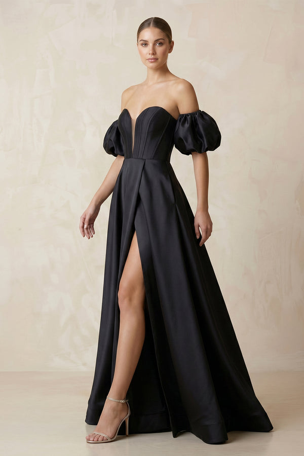 Off - the - Shoulder Satin A - Line Plunge Wedding Dress in Black - KissProm Wedding Dresses