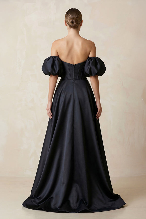 Off - the - Shoulder Satin A - Line Plunge Wedding Dress in Black - KissProm Wedding Dresses