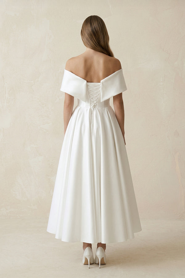Off - the - Shoulder Satin A - Line Ruhed Wedding Dress in White - KissProm Wedding Dresses