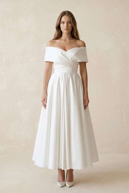 Off - the - Shoulder Satin A - Line Ruhed Wedding Dress in White - KissProm Wedding Dresses