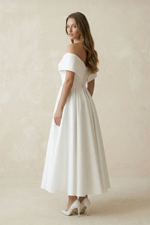 Off - the - Shoulder Satin A - Line Ruhed Wedding Dress in White - KissProm Wedding Dresses