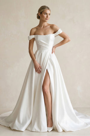 A-Line Satin Off the Shoulder Wedding Dresses with Slit – Wedding Dresses by KissProm | Available at KissProm