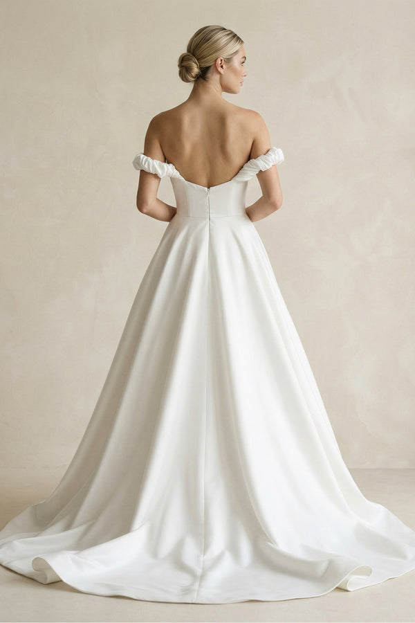 A-Line Satin Off the Shoulder Wedding Dresses with Slit – Wedding Dresses by KissProm | Available at KissProm