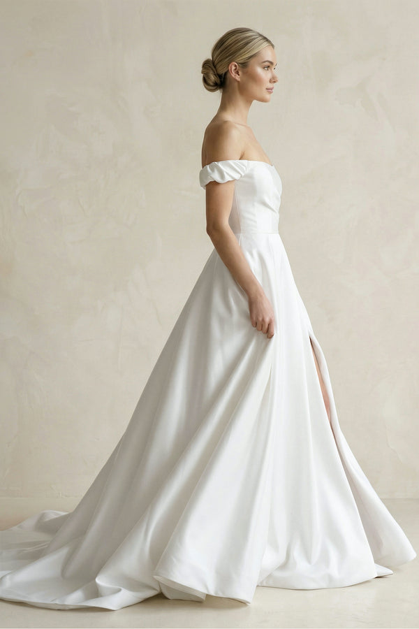 A-Line Satin Off the Shoulder Wedding Dresses with Slit – Wedding Dresses by KissProm | Available at KissProm