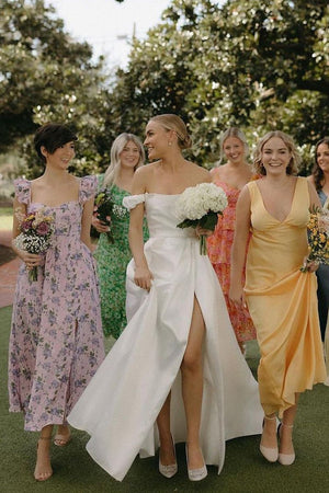 A-Line Satin Off the Shoulder Wedding Dresses with Slit – Wedding Dresses by KissProm | Available at KissProm
