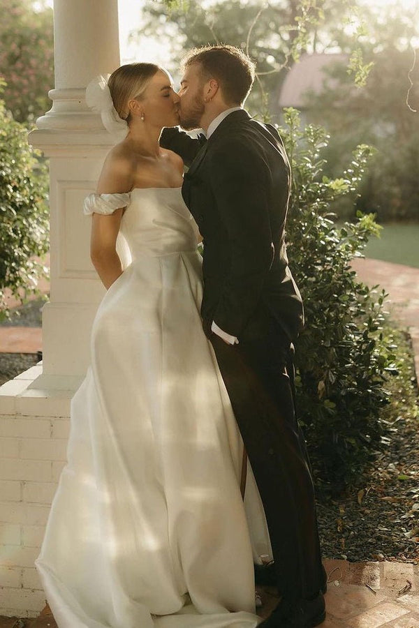 A-Line Satin Off the Shoulder Wedding Dresses with Slit – Wedding Dresses by KissProm | Available at KissProm