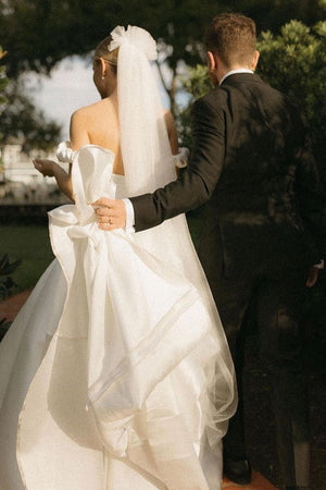 A-Line Satin Off the Shoulder Wedding Dresses with Slit – Wedding Dresses by KissProm | Available at KissProm