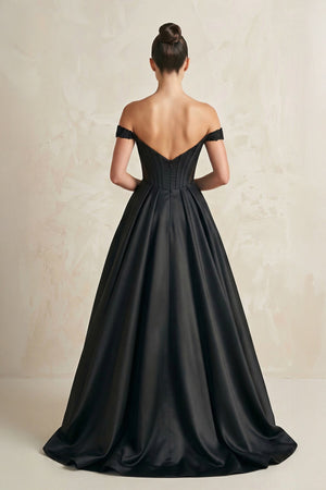 Off - the - Shoulder Satin A - Line Wedding Dress with Corset in Black - KissProm Wedding Dresses