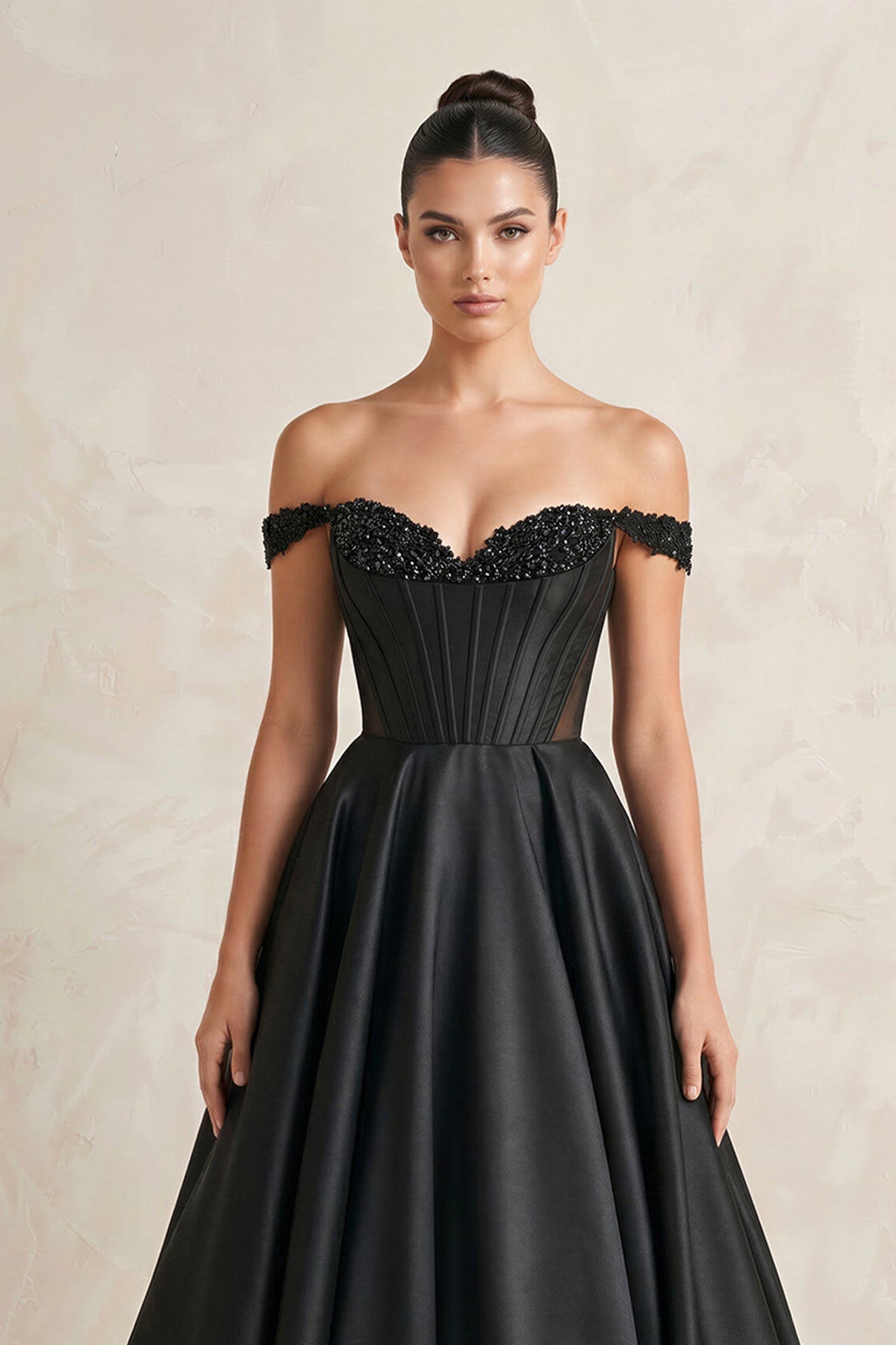 KissProm Off-the-Shoulder Satin A-Line Wedding Dress with Corset in Black, Black / 26
