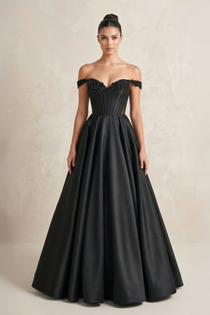 Off - the - Shoulder Satin A - Line Wedding Dress with Corset in Black - KissProm Wedding Dresses