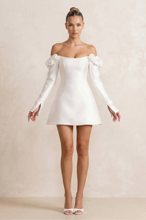 Off - the - Shoulder Satin A - Line Wedding Dress with Long Sleeeves in White - KissProm Wedding Dresses