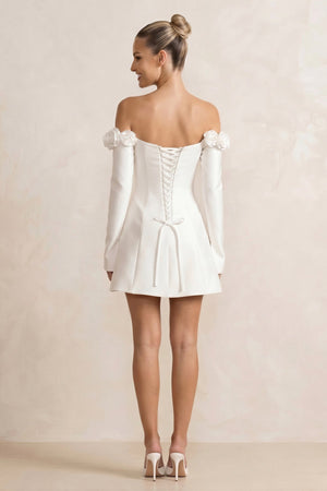 Off - the - Shoulder Satin A - Line Wedding Dress with Long Sleeeves in White - KissProm Wedding Dresses
