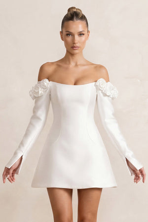 Off - the - Shoulder Satin A - Line Wedding Dress with Long Sleeeves in White - KissProm Wedding Dresses