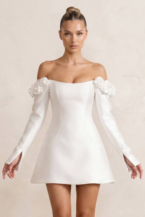 Off - the - Shoulder Satin A - Line Wedding Dress with Long Sleeeves in White - KissProm Wedding Dresses