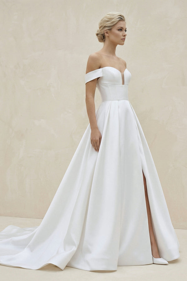 Off - the - Shoulder Satin A - Line Wedding Dress With Slit in White - KissProm Wedding Dresses