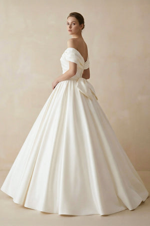 Simple A-line Off The Shoulder Satin ivory Long Wedding Dress