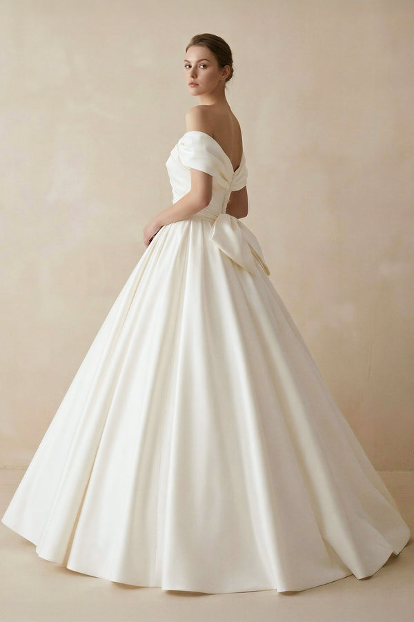 Simple A-line Off The Shoulder Satin ivory Long Wedding Dress