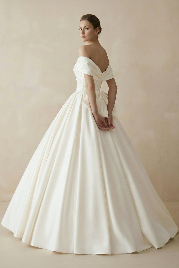 Simple A-line Off The Shoulder Satin ivory Long Wedding Dress