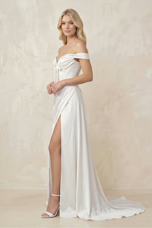 Off - the - Shoulder Satin Bow Ruched Wedding Dress with Slit in White - KissProm Wedding Dresses