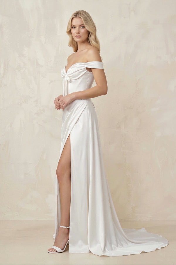 Off - the - Shoulder Satin Bow Ruched Wedding Dress with Slit in White - KissProm Wedding Dresses