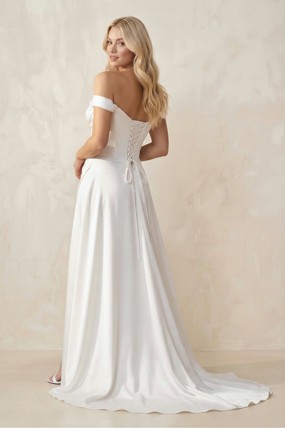 Off - the - Shoulder Satin Bow Ruched Wedding Dress with Slit in White - KissProm Wedding Dresses