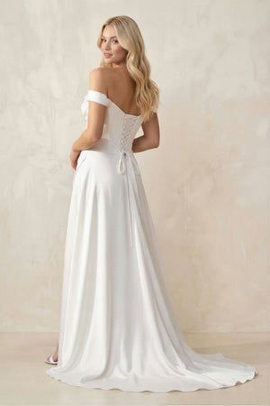 Off - the - Shoulder Satin Bow Ruched Wedding Dress with Slit in White - KissProm Wedding Dresses