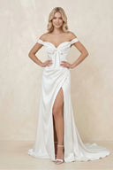 Off - the - Shoulder Satin Bow Ruched Wedding Dress with Slit in White - KissProm Wedding Dresses