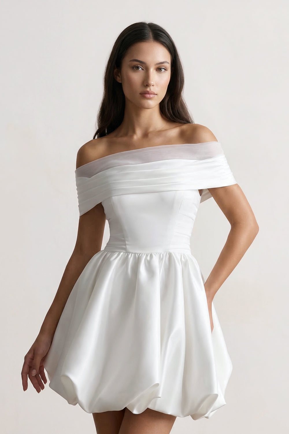 Off-the-Shoulder Satin Graduation Dress With Bubble Hem - KISSPROM