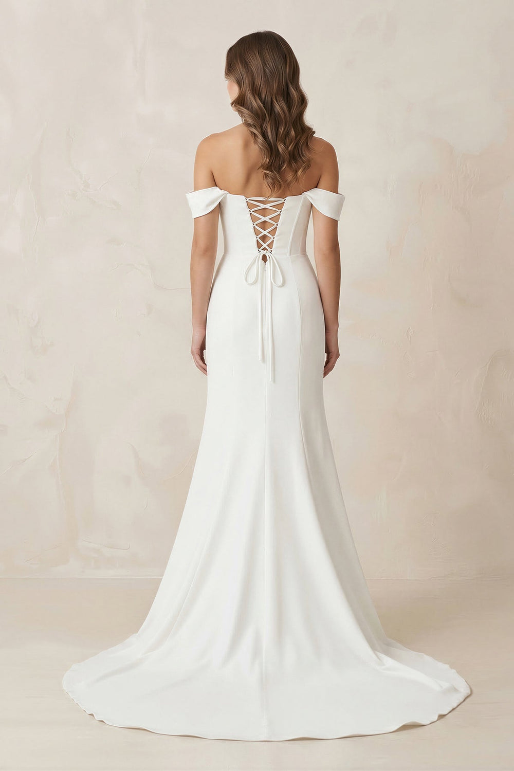 Off - the - Shoulder Satin Mermaid Corset Wedding Dress in White - KissProm Wedding Dresses
