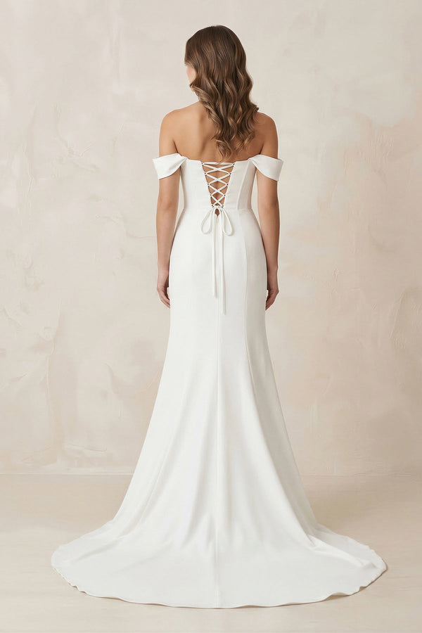 Off - the - Shoulder Satin Mermaid Corset Wedding Dress in White - KissProm Wedding Dresses