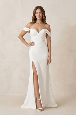 Off - the - Shoulder Satin Mermaid Corset Wedding Dress in White - KissProm Wedding Dresses