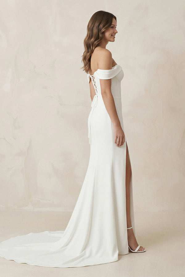 Off - the - Shoulder Satin Mermaid Corset Wedding Dress in White - KissProm Wedding Dresses