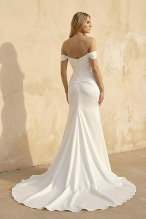 Off The Shoulder Satin Mermaid Wedding Dress - KissProm Wedding Dresses