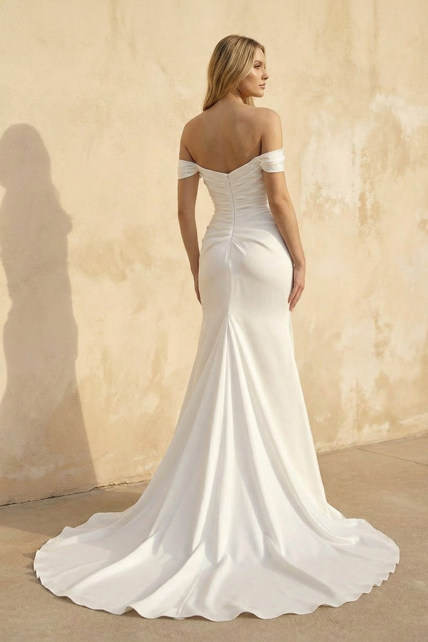Off The Shoulder Satin Mermaid Wedding Dress - KissProm Wedding Dresses