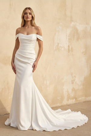Off The Shoulder Satin Mermaid Wedding Dress - KissProm Wedding Dresses