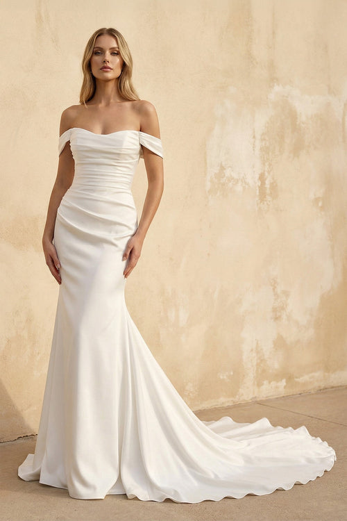 Off The Shoulder Satin Mermaid Wedding Dress - KissProm Wedding Dresses