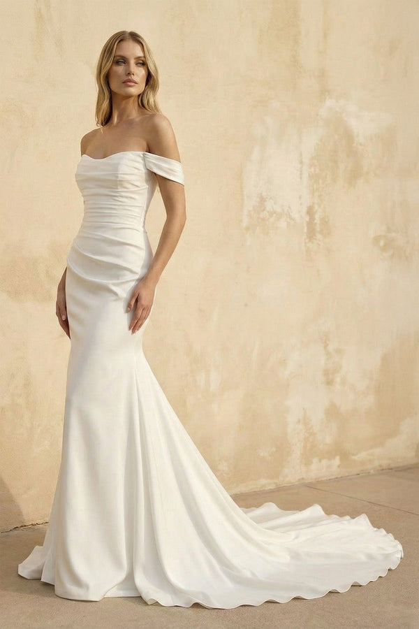 Off The Shoulder Satin Mermaid Wedding Dress - KissProm Wedding Dresses