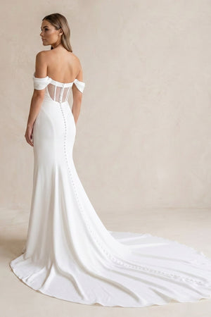 Off - the - Shoulder Satin Mermaid Wedding Dress in White - KissProm Wedding Dresses