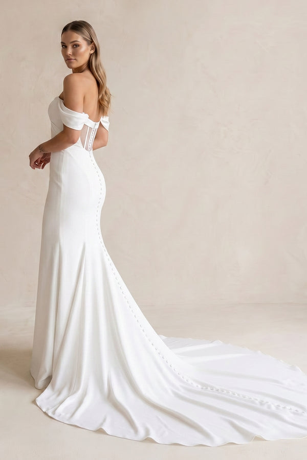 Off - the - Shoulder Satin Mermaid Wedding Dress in White - KissProm Wedding Dresses