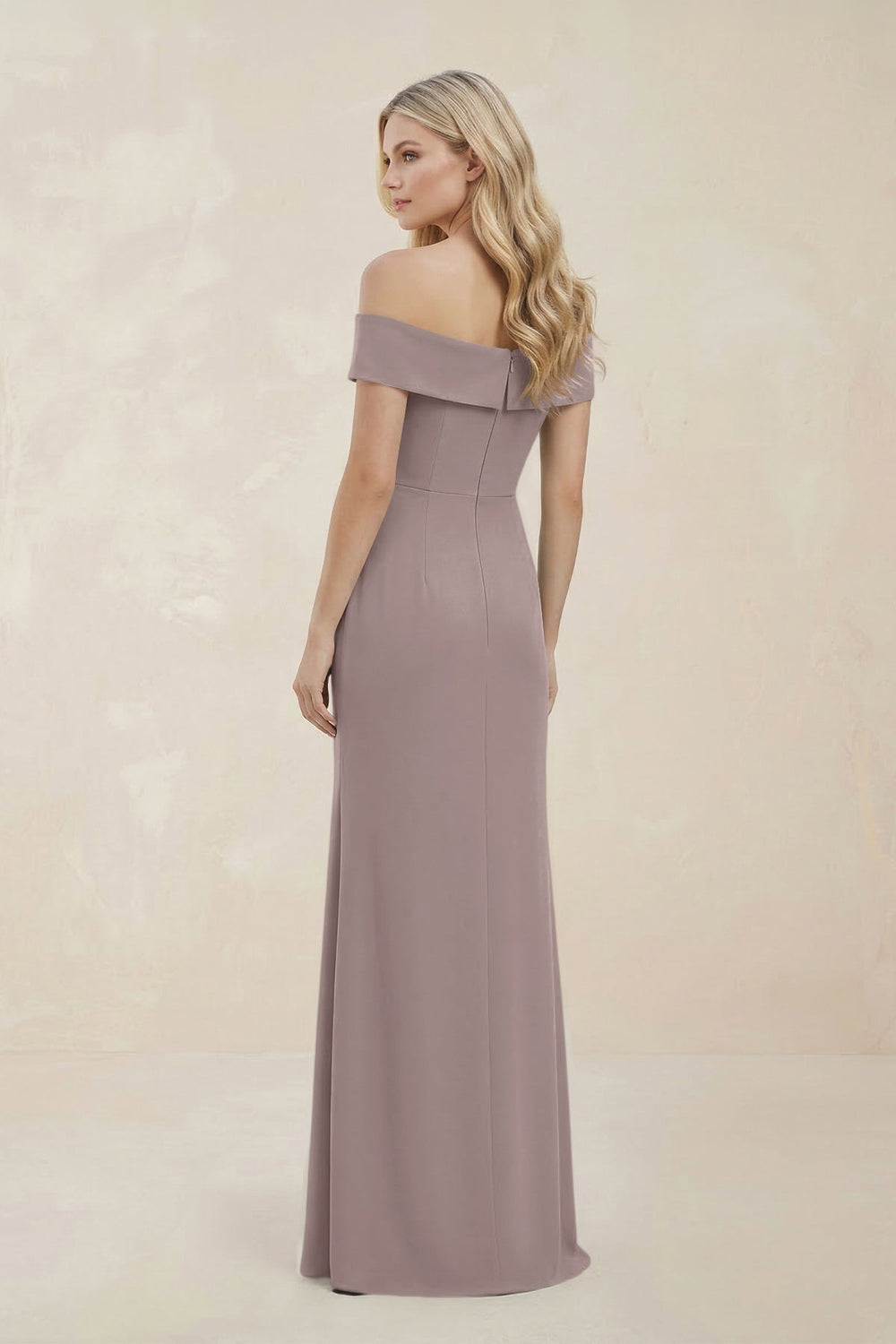 Off - the - Shoulder Satin Sheath Bridesmaid Dress With Slit in Almond - KissProm Bridesmaid Dresses