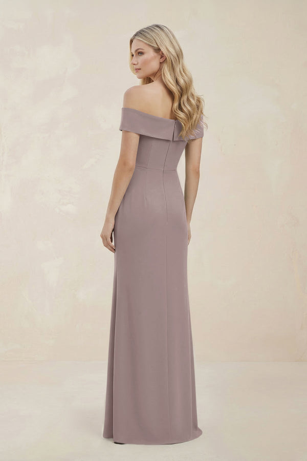 Off - the - Shoulder Satin Sheath Bridesmaid Dress With Slit in Almond - KissProm Bridesmaid Dresses
