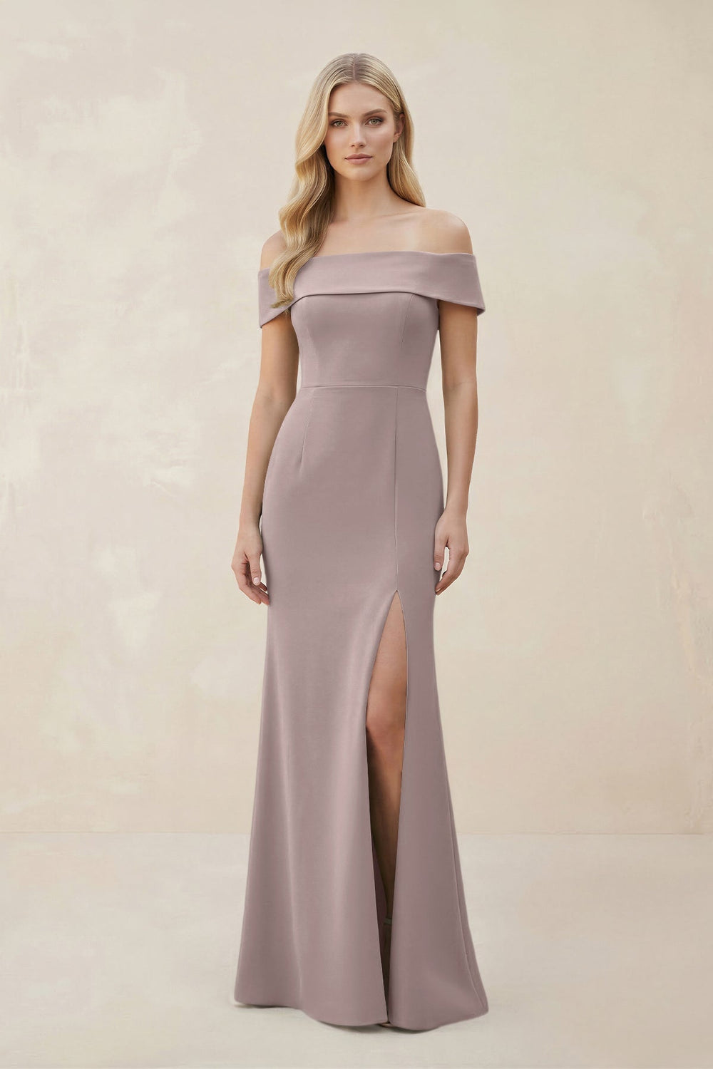 Off - the - Shoulder Satin Sheath Bridesmaid Dress With Slit in Almond - KissProm Bridesmaid Dresses