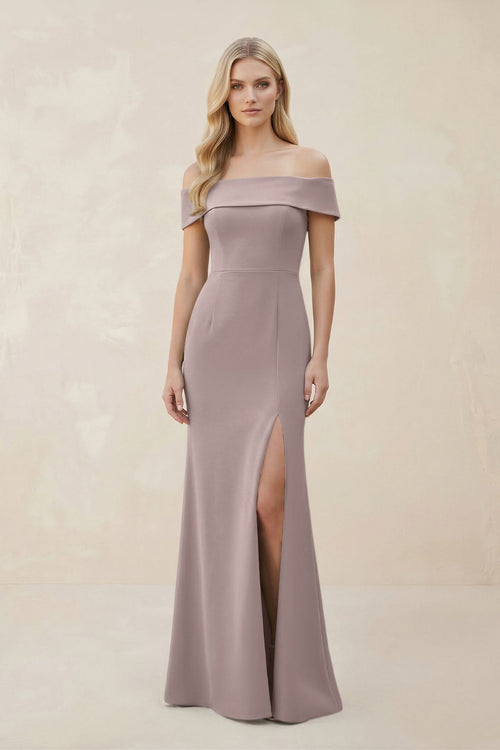 Off - the - Shoulder Satin Sheath Bridesmaid Dress With Slit in Almond - KissProm Bridesmaid Dresses