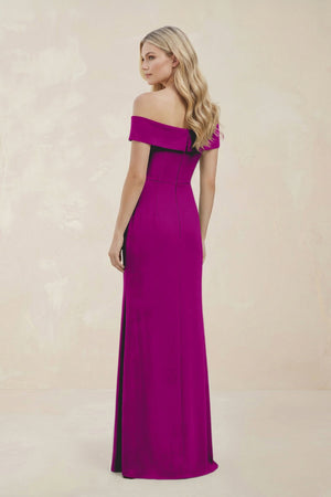 Off - the - Shoulder Satin Sheath Bridesmaid Dress With Slit in Amethyst - KissProm Bridesmaid Dresses