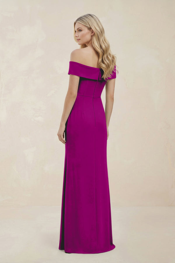 Off - the - Shoulder Satin Sheath Bridesmaid Dress With Slit in Amethyst - KissProm Bridesmaid Dresses