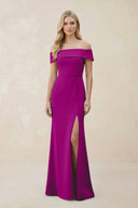 Off - the - Shoulder Satin Sheath Bridesmaid Dress With Slit in Amethyst - KissProm Bridesmaid Dresses