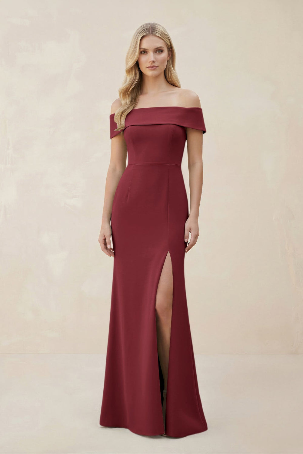 Off - the - Shoulder Satin Sheath Bridesmaid Dress With Slit in Berry - KissProm Bridesmaid Dresses