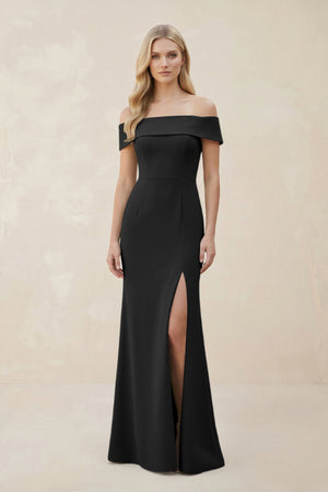 Off - the - Shoulder Satin Sheath Bridesmaid Dress With Slit in Black - KissProm Bridesmaid Dresses