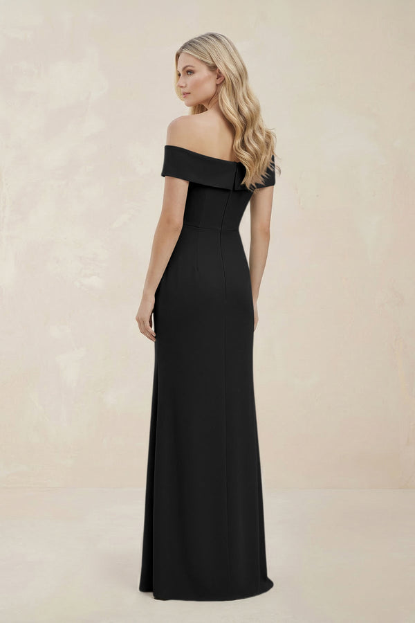 Off - the - Shoulder Satin Sheath Bridesmaid Dress With Slit in Black - KissProm Bridesmaid Dresses